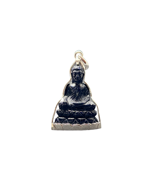 Pendentif Bouddha en posture Bhumisparsha mudra en pierre d'Onyx et argent de technologie